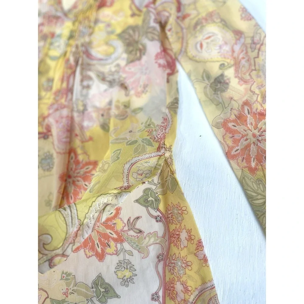 Susan Graver Blouse Popover V-neck Top Size S Yellow Colorful Semi Sheer Floral - Picture 6 of 14
